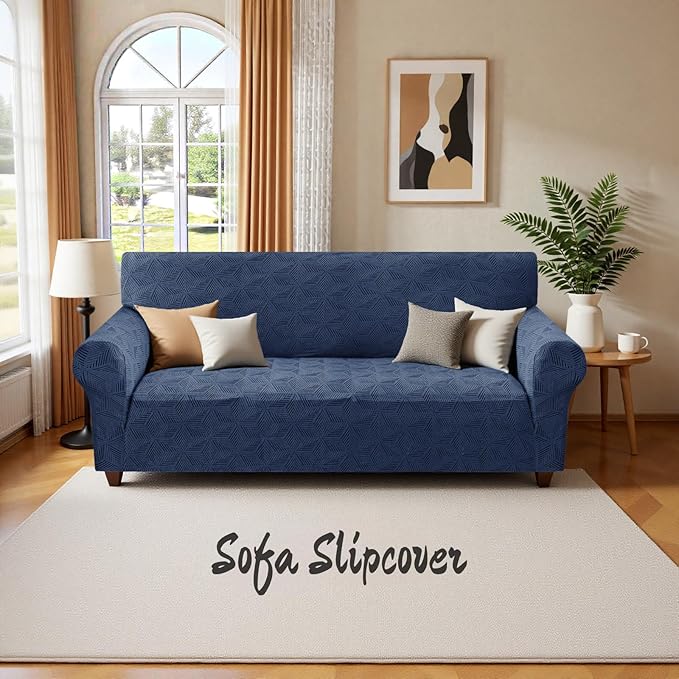 YEMYHOM 1 Piece Stretch Couch Covers for 3 Cushion Couch, Jacquard Sofa Cover with Non-Slip Elastic Bottom, Thickened Slipcover Furniture Protector for Dogs Pets (Large, Navy）
