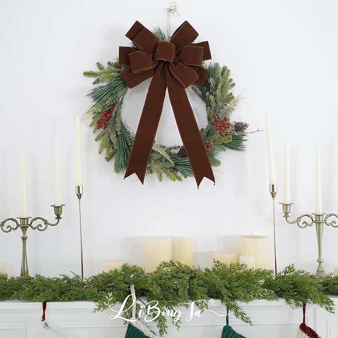 13" Brown Velvet Christmas Tree Topper Bow, Premade, 13" x 20"