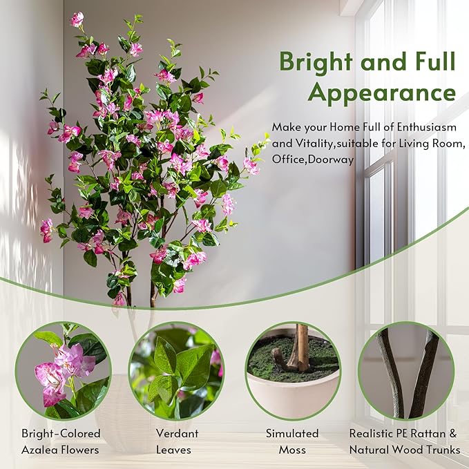 6FT Artificial Bougainvillea Tree Artificial Tree Tall Potted Fake Bougainvillea Trees for Outdoor Indoor Lifelike Potted Faux Plants with Wood Trunk and Flowers Office Wedding Home Decor