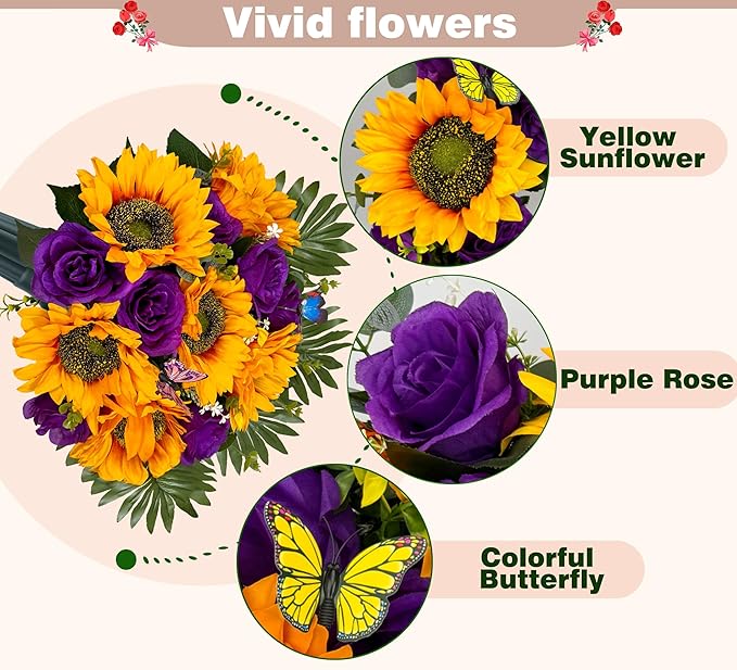 SUHOOKOO Cemetery Flowers with Vase for Grave Decor, Silk Sunflower Rose Headstone Flower,Tombstone Flower - Bright and Colorfast,Purple/Yellow
