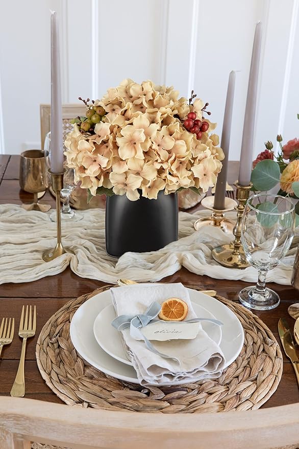 Briful Hydrangea Artificial Flowers in Black Square Ceramic Pot, Beige Silk Hydrangea Flowers Realistic Potted Fake Flowers with Berries for Home Decor Indoor Wedding Table Centerpieces