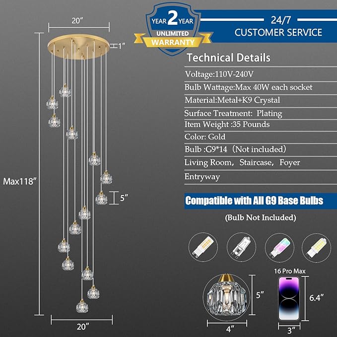 Crystal Chandeliers for Staircases, 14-Light Gold Modern Chandeliers for High Ceilings，Crystal Pendant Light Fixture for Living Room Kitchen Island Foyer Hallway Bar