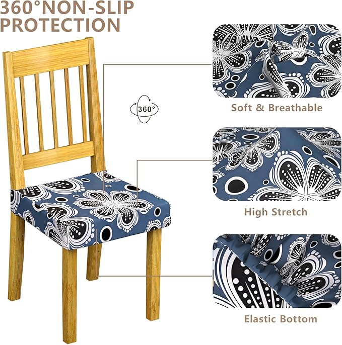 Stretch Dining Chair Seat Covers Set of 6,Dining Chair Slipcovers, Floral Printed Chair Covers,Soft Fabric Washable Upholstered Chair Seat Protector, No Rear Covers for Home Kitchen Dining Room
