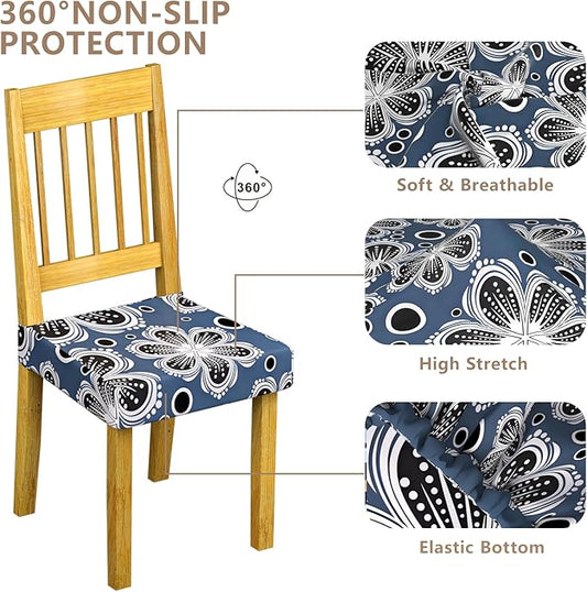 Stretch Dining Chair Seat Covers Set of 6,Dining Chair Slipcovers, Floral Printed Chair Covers,Soft Fabric Washable Upholstered Chair Seat Protector, No Rear Covers for Home Kitchen Dining Room