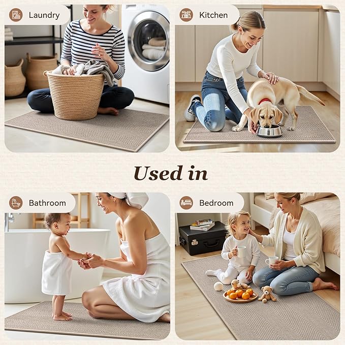 AMOAMI Kitchen Rugs and Mats, Non Slip Washable Kitchen Mats for Floor, Absorbent Quick Dry Kitchen Runner for in Front of Sink，Kitchen Rugs Sets of 2, 17"*30"+17"*47", Beige