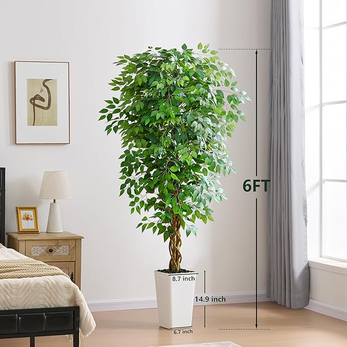 Artificial Ficus Tree 6FT Faux Floor Tree with Planter UV Resistant Potted Fake Silk Plant - Indoor Outdoor Lifelike Fake Ficus Tree for Home, Living Room Bedroom Topiary Tree
