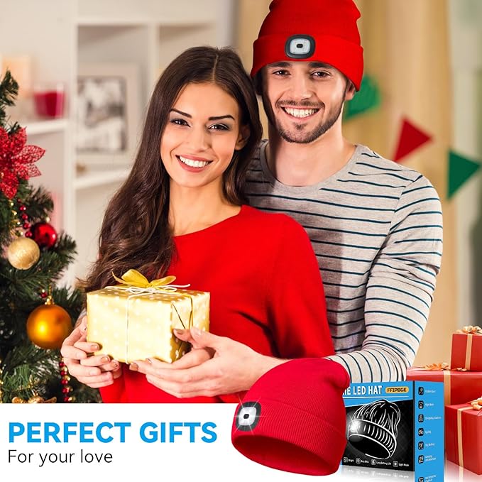 Christmas Stocking Stuffers for Men Adults, Beanie Hats with Light, USB Rechargeable LED Hand Free Headlamp, Birthday Gifts for Men, Women, and Teens, Ideal for Camping, Hiking, 2 Pack, Red