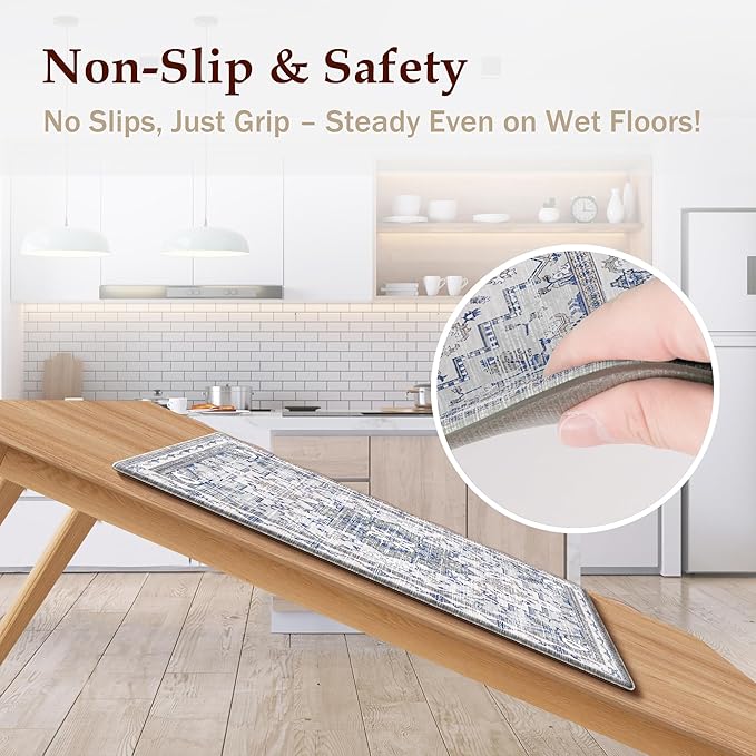Boho Kitchen Mats for Floor 2 Piece Set Anti Fatigue Cushioned PVC Kitchen Rugs Non Slip Waterproof Farmhouse Mats 2/5 Inch Comfort Standing Mat for Sink, Laundry, 17.3"x47"+17.3"x28", Blue Grey