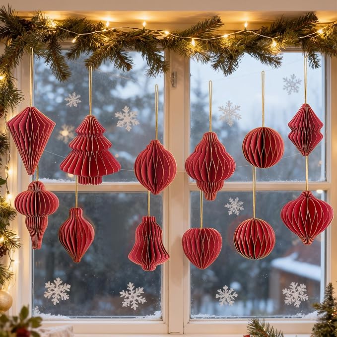 12Pcs Red Paper Christmas Party Decorations, 3D Honeycomb Paper Hanging Ornaments with Glitter, Finial Honeycomb Lantern Burgundy Ornaments for Christmas Trees Winter Wonderland Party