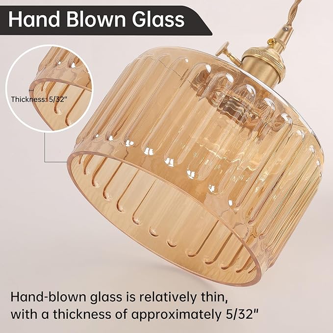 Plug in Pendant Light Hanging Light Fixture Corded On/Off Switch Brass Pendant Light with Amber Striped Glass Lampshade for Bedroom Living Room Kitchen Island