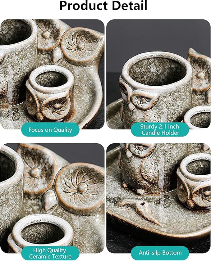 Comeon Palo Santo Holder, 4 in 1 Ceramic Owl Backflow Incense Burner Holder Candle Holder Sage Holder for Burning Bow(Grey)