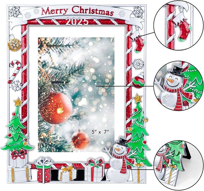 GUOER Picture Photo Frame 5x7 Inch Snowflake Christmas Metal Photo Display Photo Picture Frames with High Definition Glass Front Gift Ideas Tabletop Home Decorative (2025 Merry Christmas)