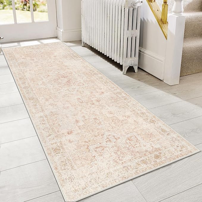 GENIMO 2'6''x6 Runner Rugs for Hallway, Machine Washable Non Slip Vintage Rugs, Low Pile Lightweight Soft Print Rug for enrtyway, Corridor, Home Office, Kitchen, Light Pink