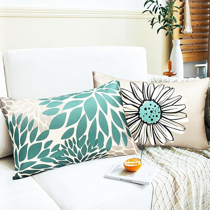 Decorative Throw Pillow Covers Set of 4 Teal Pillow Covers 12x20 inch Throw Pillow Cases Linen Square Pillow Case,Farmhouse Outdoor Modern Boho Pillow Covers for Couch Sofa Living Room