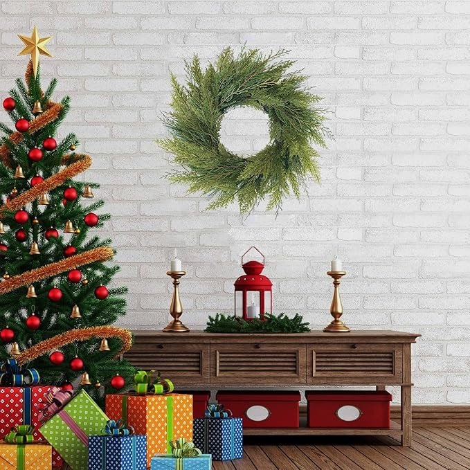 20” Green Faux Norfolk Pine Christmas Winter Wreath – Mixed with Real Touch Fake Cypress, Cedar & Spruce, Xmas Wreaths for Front Door Porch Mantel & Fireplace