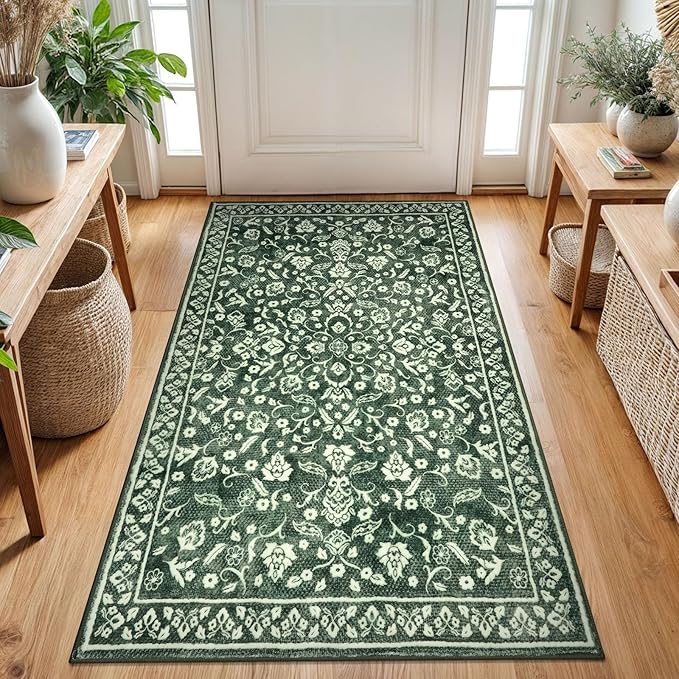 Vintage 3x5 Washable Rug for Entryway, Super Soft Forest Green Entryway Rug Non-Slip, Printed Faux Wool Floral 3x5 Area Rug Thin Floor Carpet for Kitchen, Bedroom, Office, Living Room