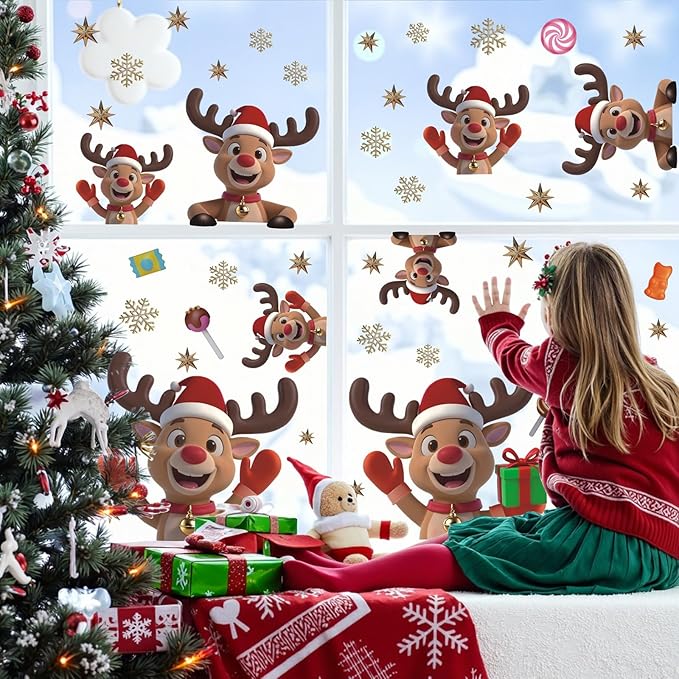 Christmas Window Clings Reindeer, Xmas Elk Wall Decals, Christmas Reindeer Wall Stickers, Xmas Snowflake Window Stickers, Xmas Candy Giftbox Wallpaper for Party Home Living Room Bedroom