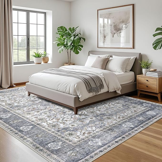 KUTA Vintage Floral Large Area Rugs 9x12 Living Room, Grey Blue Washable Bedroom Area Rug Non Slip, Ultra Thin Soft Print Distressed Low-Pile Traditional Carpet for Bedroom Dining Room Dorm Office