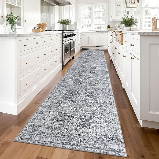 KUTA Vintage Floral Washable Runner Rug 2.6x14, Non-Slip Hallway Kitchen Rugs Grey Blue White with Rubber Backing, Ultra Soft Printed Classic Vintage Floral Extra Long 14ft Carpet Runners