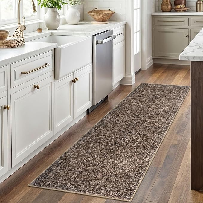 2x6 Washable Runner Rug for Hallways, Rust Reddish Brown Soft Neutral Vintage Kitchen Rugs with Non-Slip, Non-Shedding Distressed Floral Rug for Bedroom Kitchen Porch Laundry Entryway