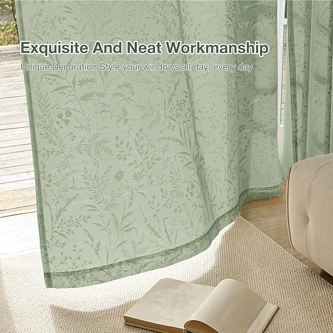 Anmao Sage Green Semi Sheer Light Filtering Short Curtains 45 Inches Long 2 Panels, Leaf Pattern Drapes for Living Room Bedroom, Rod Pocket Sheer Window Treatments with Floral Design, 52x45 Inch