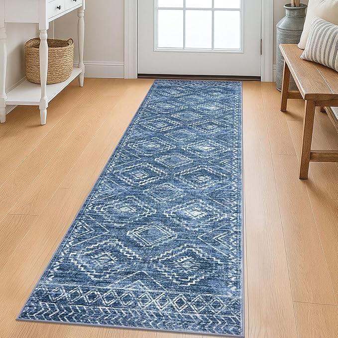KILOCOCO Runner Rug 2x6 Hallway Runner Rugs Washable Kitchen Runners Non Slip Printed Distressed Blue Laundry Room Rug, Low-Pile Soft Rug Runners for Entryway Bedroom Living Room Bathroom