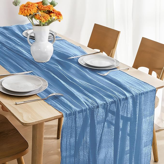 JOYIT 1 Pack Blue Cheesecloth Table Runner 35" x 120" – Boho Table Runner Set for Wedding, Birthday, and Party Decor, Romantic Gauze Table Runner for Rustic and Elegant Tablescapes (Light Blue)
