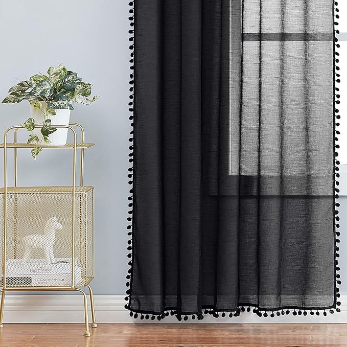 Treatmentex Modern Black Sheer Curtains for Studio 72 inches Long Bedroom Curtain Panels Living Room Bedroom Pom Pom Window Drapes 2-Pack
