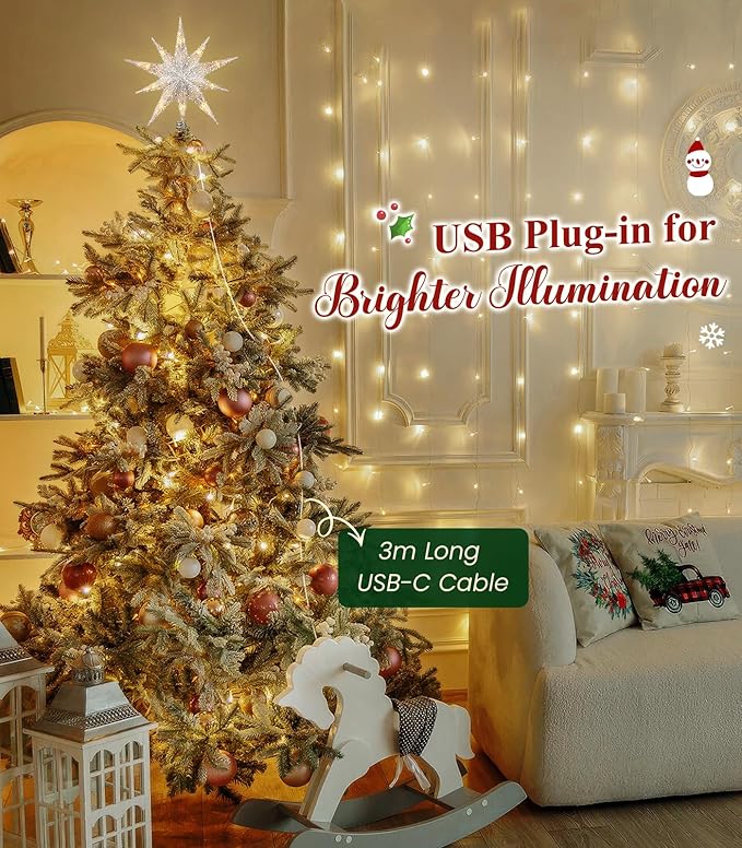 Luxspire Christmas Tree Topper, Lighted Star Tree Topper with USB Plug-in & Remote Control, 9.8" Christmas Tree Star Lights for Home Holiday Decor, 6H Timer & 8 Lighting Modes, Silver