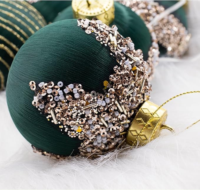 12Pcs Green Satin Christmas Ball Ornaments, 3.15 Luxury Silk Glitter Xmas Tree Decorations for Home Decor (Green)