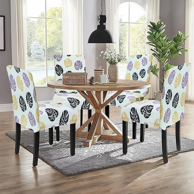 Sufdari Dining Chair Covers,Kitchen Chair Cover,Parsons Chair Slipcover,Spandex Chair Protectors for Dining Room Stretch Chairs Cover Set of 4 -Green Leaves