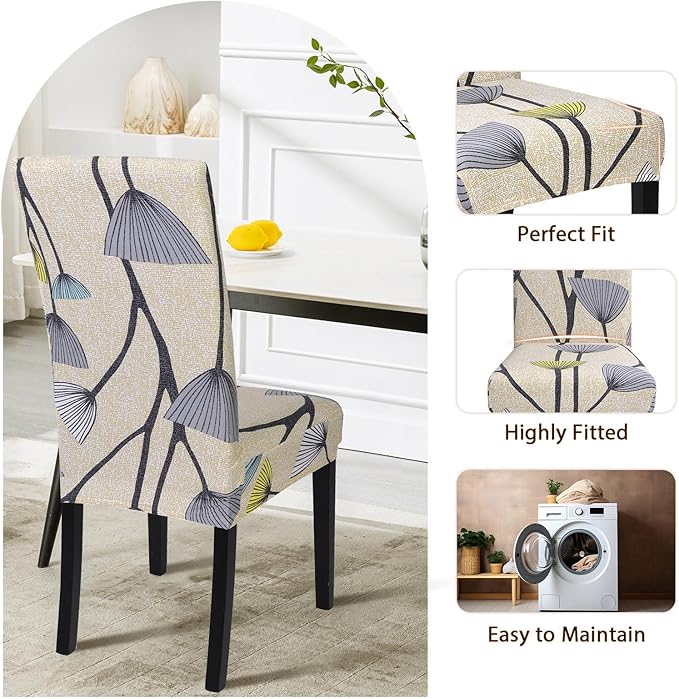 SearchI Dining Room Chair Covers Set of 4, Stretch Printed Parsons Chair Slipcovers Spandex Removable Washable Kitchen Chair Protector Cover for Dining Room, Hotel, Ceremony(Dandelion Pattern)