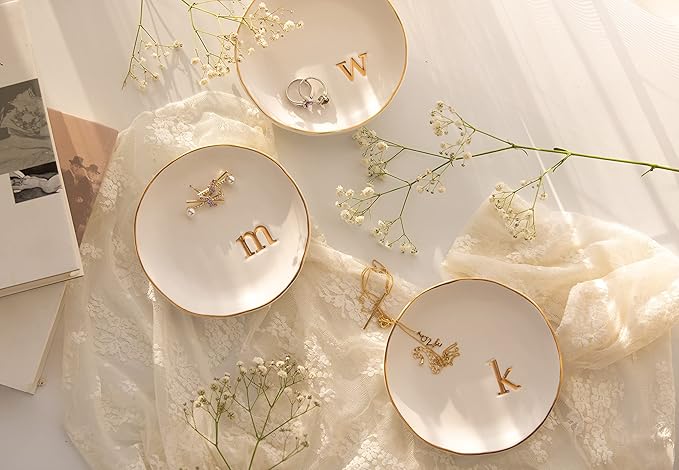 COLLECTIVE HOME - Ceramic Jewelry Tray, Decorative Trinket Dish for Rings Earrings Necklaces Bracelet Watch Keys, Birthday Mother's Day Christmas Gift for Women, 4.75", White Surface (N)