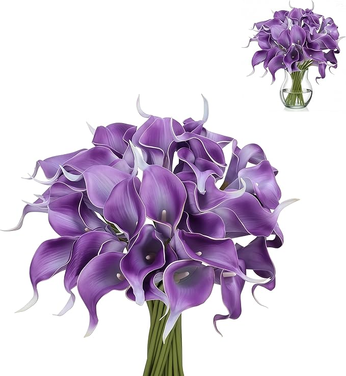 Realistic Calla Lily Artificial Flowers - 13.5" Latex Real Touch Faux Lilies for Wedding Bouquets, UV Resistant Outdoor Decor & Home Centerpieces (6, Purple)