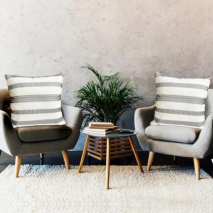Decorative Throw Pillow Covers Set of 2 Light Gray Boho Striped Pillow Covers 18x18 Inch Throw Pillow Cover Linen Pillowcase Farmhouse Outdoor Pillow Covers for Couch Sofa Bed Living Room