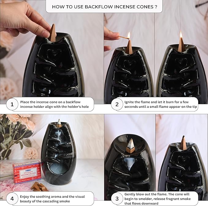 Dragon's Blood Backflow Incense Cones for Waterfall Aromatic Smoke Fountain Haze Falls and Mat Bundle - Pack of 12