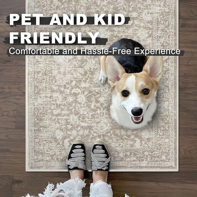 KILOCOCO Hallway Runner 2x7 Rug Runner Printed Vintage Floral Washable Kitchen Runners Non-Slip Rubber Backed Runners for Hallways Laundry Room Distressed Boho Rugs for Entryway Bedroom, Beige