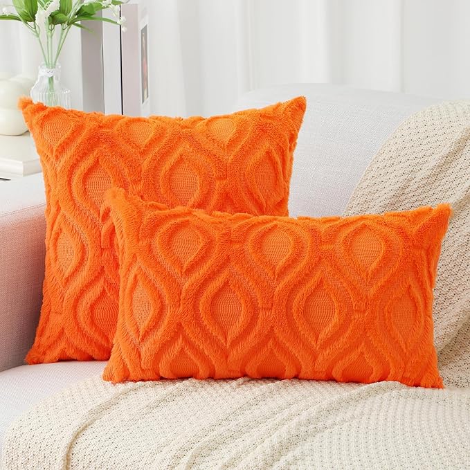 decorUhome Throw Pillow Covers 18x18 Inch Set of 2, Soft Plush Faux Wool Orange Solid Couch Pillow Covers, Accent Farmhouse Neutral Square Pillow Cases for Sofa Bed Living Room