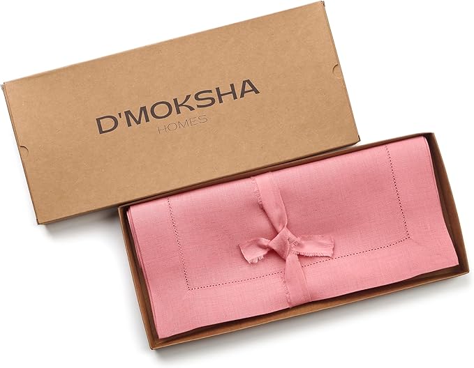 D'Moksha Homes Linen Dusty Pink Table Runner 90 Inches Long - Classic Hemstitch 100% Pure Linen Dining Table Runner 14 x 90 Inch for Valentines, Spring, Easter