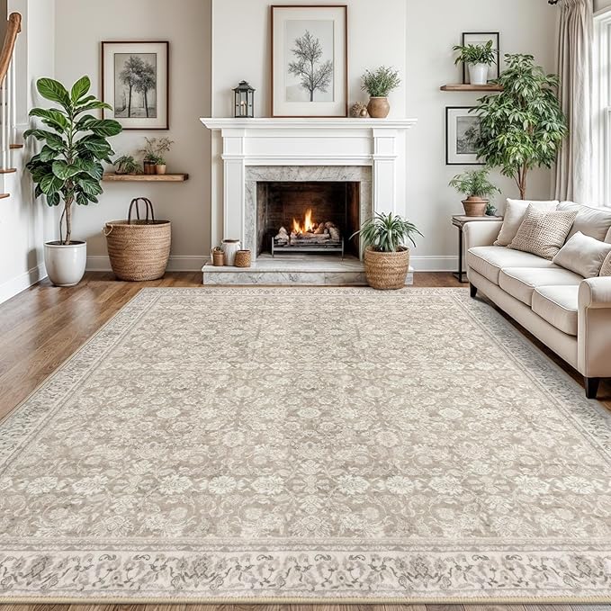 9x12 Area Rug, Cream Beige White Grey Large Washable Rug for Living Room with Non-Slip Soft Vintage Bedroom Rugs Traditional Farmhouse Carpet for Nusery Dining Room Office Home Décor