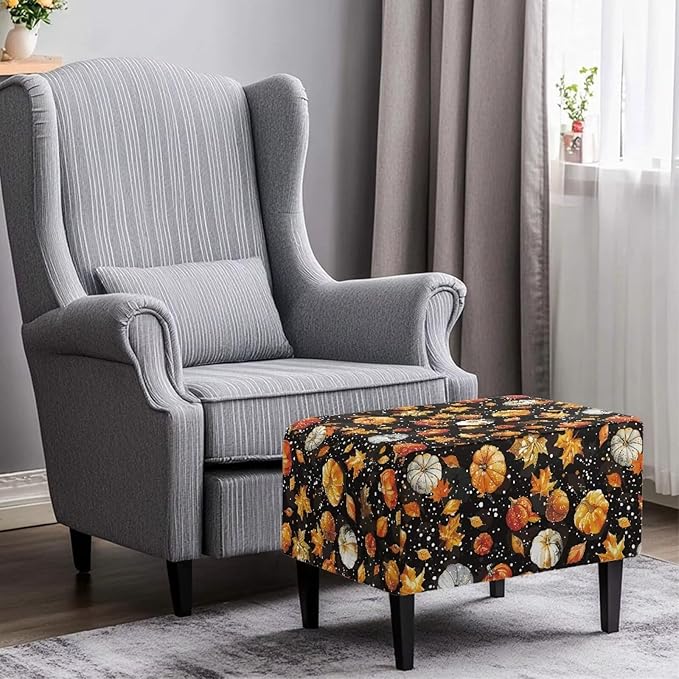 Fall Maple Leaves Pumpkin Rectangle Ottoman Cover Machine Washable Stretchable Slipcover with Elastic Edge for Rectangular Footstools, Thanksgiving Decor 30" L x 24" W x 15" H
