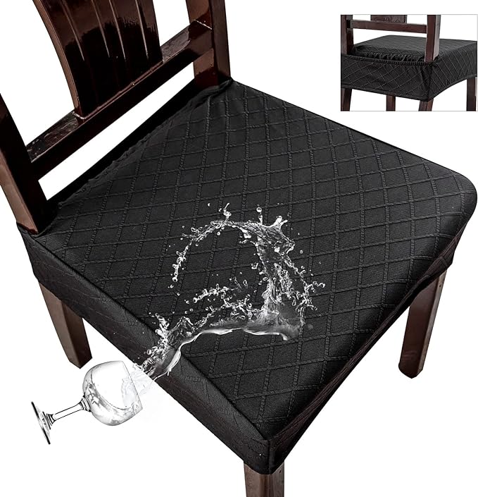Genina Waterproof Seat Covers for Chairs,Set of 2 Dining Room Chair Seat Covers for Kitchen,Stretch Jacquard Removable Washable Dining Chair Slipcovers Protectors with Rear Covers, Black
