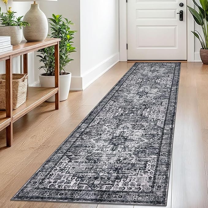 2x8 Washable Runner Rug for Hallways, Moss Charcoal Soft Neutral Vintage Printed Runner with Non-Slip, Non-Shedding Boho Rug for Bedroom Kitchen Porch Laundry Bedroom