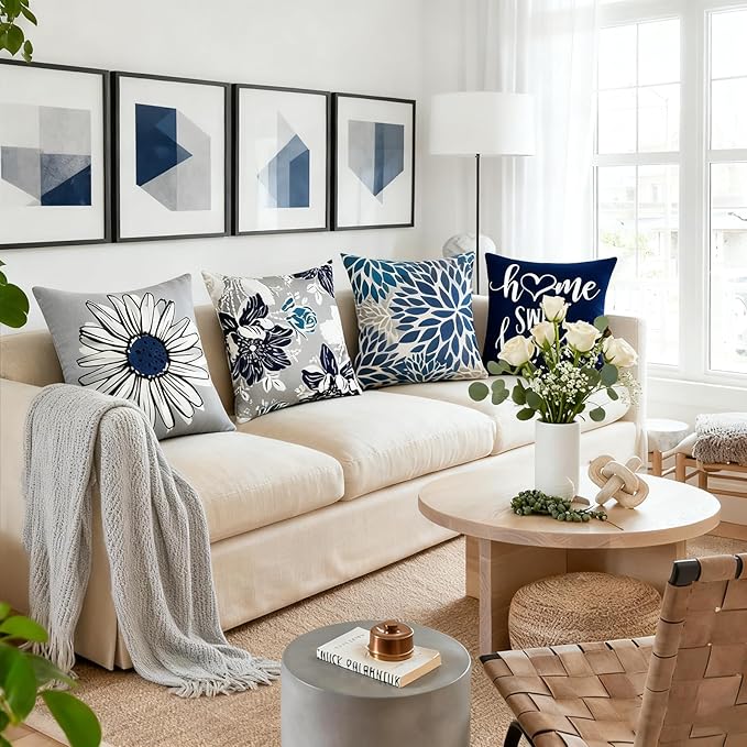 Decorative Throw Pillow Covers Set of 4 Blue Pillow Covers 20x20 inch Throw Pillow Cases Linen Square Pillow Case,Farmhouse Outdoor Modern Boho Pillow Covers for Couch Sofa Living Room
