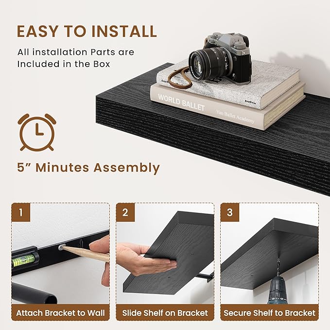 fuqing Floating Shelves for Wall, Wall Mounted Wood Floating Shelf with Invisible Brackets for Living Room, Bathroom, Bedroom, Kitchen Storage and Decor, 16 Inch Set of 2, Black