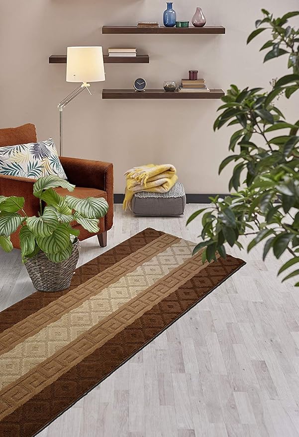 Custom Size Hallway Runner Rug, Slip Resistant, 26 Inch Wide X Your Choice of Length, Meander Brown, 26 Inch X 17 feet