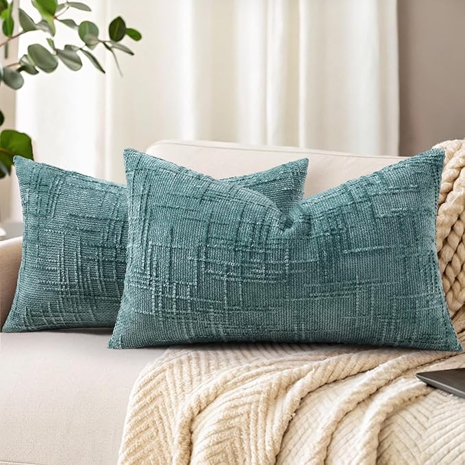 decorUhome Teal Chenille Throw Pillow Covers 12x20 Set of 2 Thick Textured Slubby Couch Pillow Covers Farmhouse Accent Modern Neutral Decorative Pillow Cases for Bed Sofa Living Room
