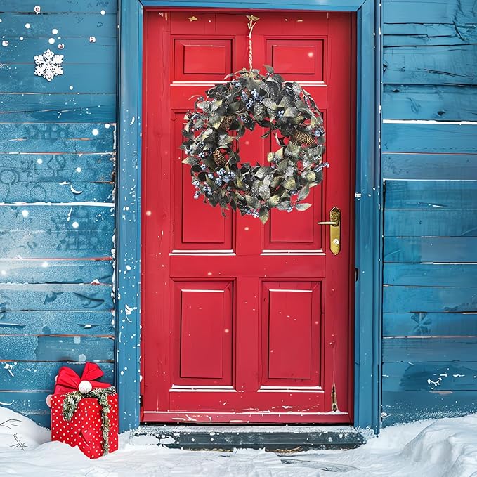 24 Inch Snow Flocked Metallic Look Winter Wreath with Blue Berry & Pinecone- Artificial Christmas Wreaths for Front Door Porch Wall Window Porch Fireplace Outdoor Décor