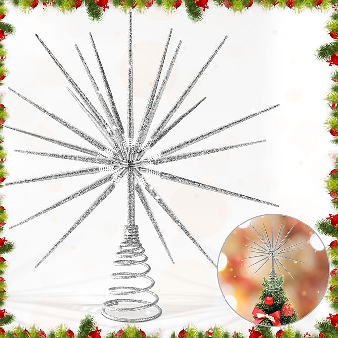 Silver Christmas Tree Topper 13.7 Inch - No DIY Silver Star Burst Tree Topper, Exploding Star Christmas Tree Decorations
