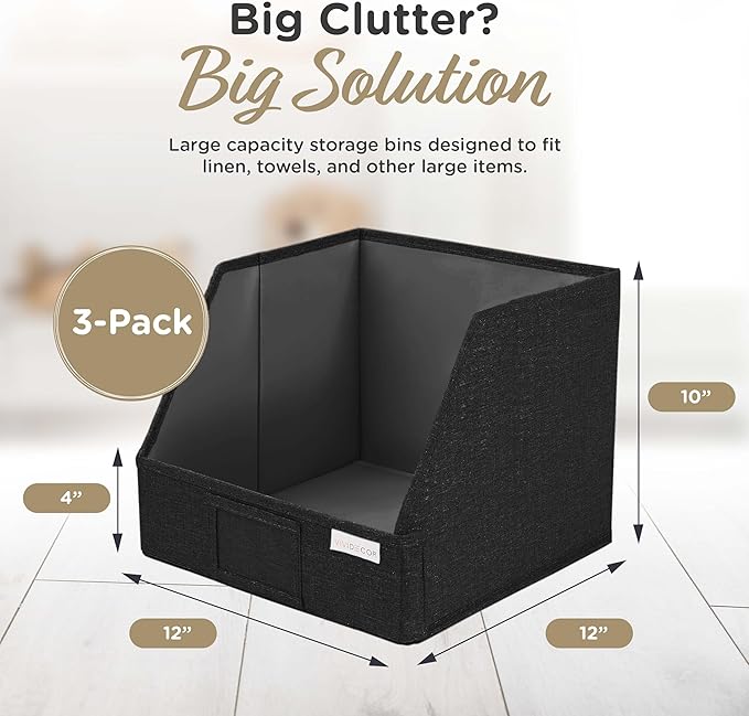 Trapezoid Closet Bins for Shelves – 12x12x10 Fabric Storage Baskets, Collapsible Organizer Boxes for Bedroom, Jeans, Sweaters– Black, 3 Pack
